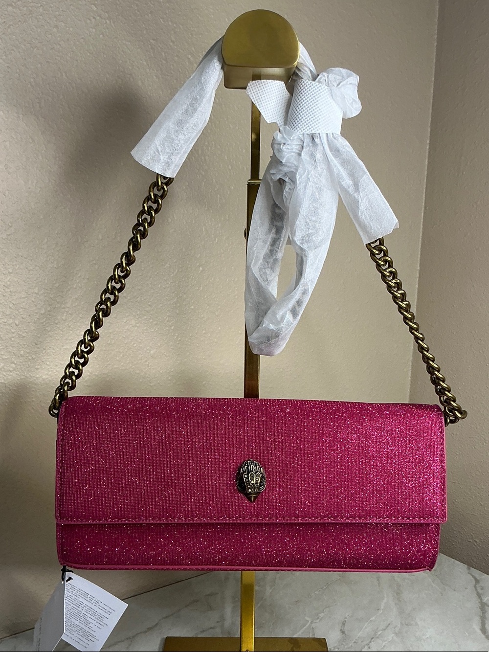 Kurt Geiger London elongated clutch vibrant pink glitter finish w/ eagle head. - Picture 2 of 6